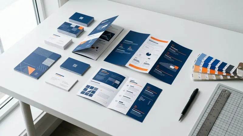 Gedruckte Flyer und Visitenkarten in Blau und Weiß